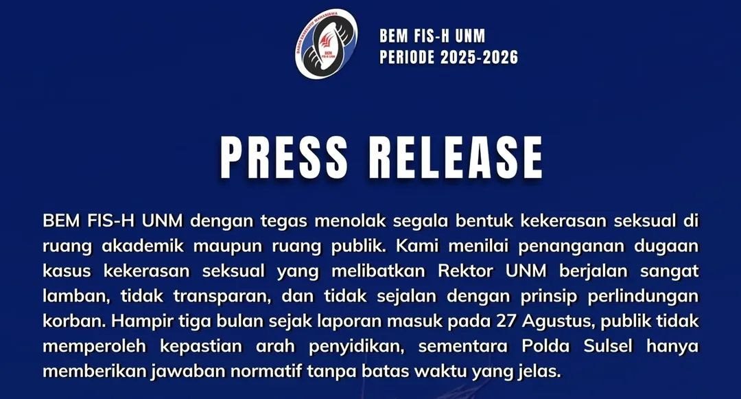 Potongan tangkapan layar press release resmi BEM FISH UNM diunggah melalui akun organisasi. (Foto/ist)